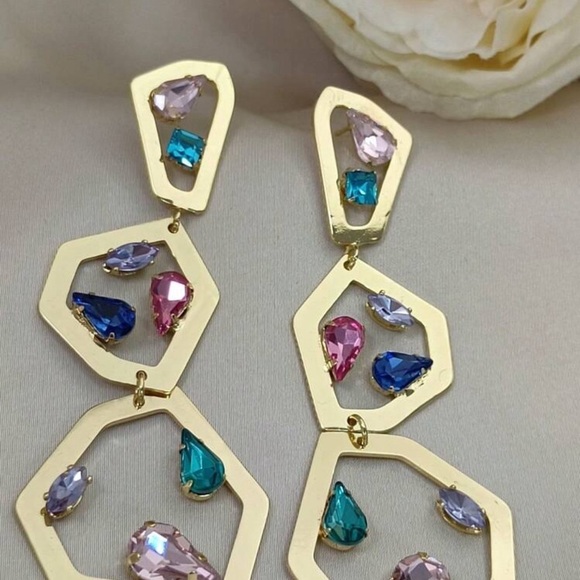 2/$30🌵 Gold Geo Multicolor Rhinestones Earrings Sparkle Large Jewelry Boho NEW - Picture 5 of 11
